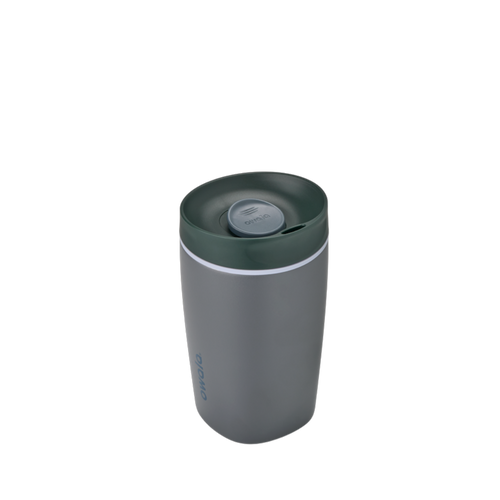 SmoothSip Slider 12oz, dark charcoal gray body with dark green lid