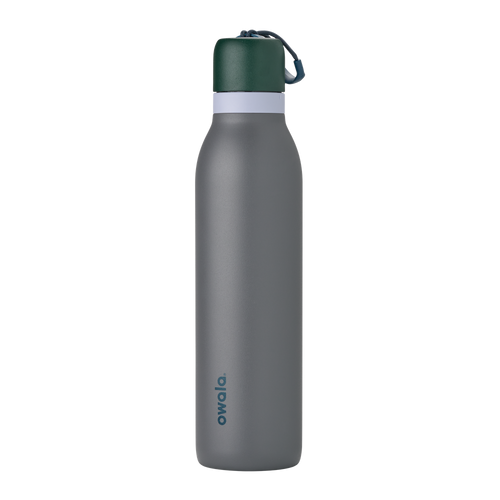 FreeSip Twist UK 24oz, slate gray insulated water bottle with dark forest green twist cap and gray carry loop
