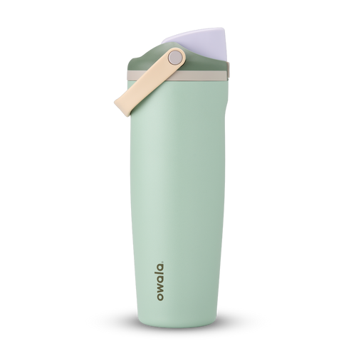 FreeSip Sway 32oz in Eucalyptus, sage green insulated water bottle with sage green flip cap, cream tan carry loop and lavender lid interior, lid open