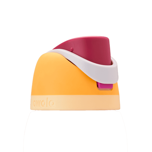 Owala FreeSip replacement lid in Citrus Crush, golden orange body with magenta pink flip cap, white carry loop, and pale yellow base accent band