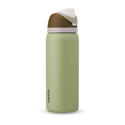 FreeSip 32oz in Frankie (Friends Fir Ever), olive sage green body with tan cream flip cap and carry loop