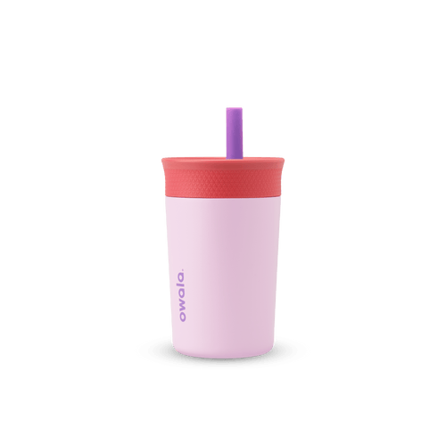 Kids' Tumbler 12oz in Lilac Rocket; soft pink insulated tumbler with coral red lid and purple straw, purple Owala logo on front