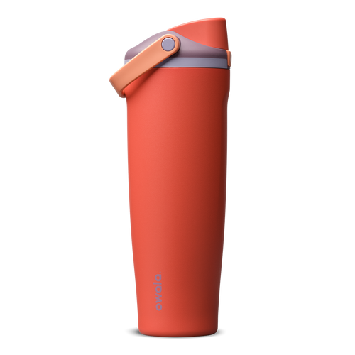 FreeSip Sway 40oz in Terracotta Sunset, terracotta orange-red insulated water bottle with matching terracotta flip cap and carry loop, lavender lid accent ring, lid open