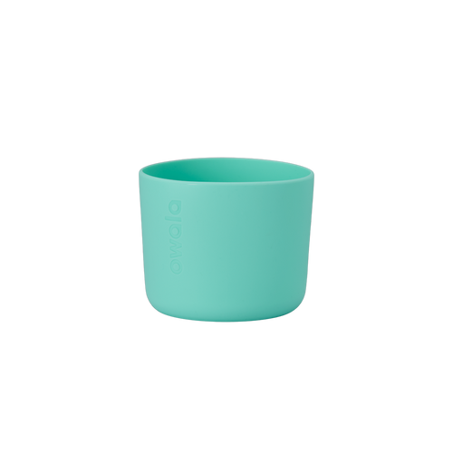 Owala Bottle Boot in bright mint teal silicone with tonal Owala logo, short cylindrical form sized for 16oz Kids' FreeSip bottles
