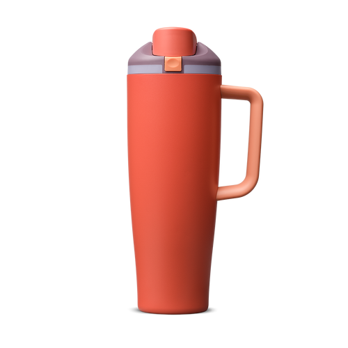 FreeSip Tumbler 40oz Terracotta Sunset, terracotta orange body with matching terracotta flip cap, dusty mauve push-button and lid, lavender accent band, and orange handle