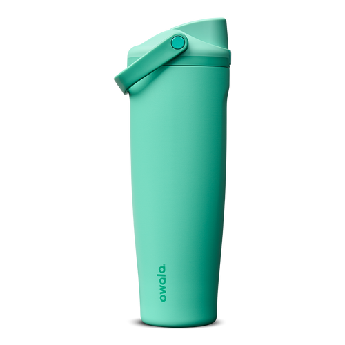 FreeSip Sway 40oz in 90s Kid, vibrant teal-mint insulated water bottle with matching teal flip cap and carry loop, lid open