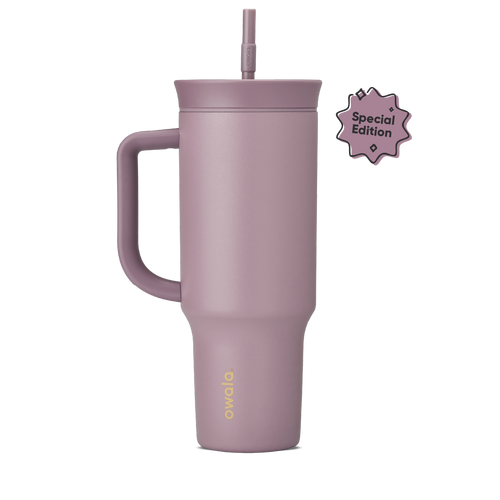 Tumbler 40oz in Spring Revival, dusty mauve-purple insulated cup with matching side handle, straw lid, and built-in straw, gold Owala logo