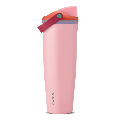 FreeSip Sway 40oz in Sugar High, soft pink insulated water bottle with red-orange flip cap, deep magenta carry loop, lavender lid accent ring and green push-button, lid open