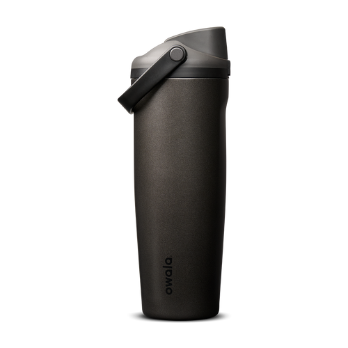 FreeSip Sway 30oz in Nailed It, deep charcoal black insulated water bottle with matching dark flip cap and carry loop