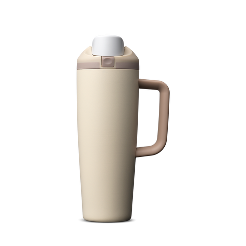 FreeSip Tumbler 30oz, cream/off-white body with matching white lid and handle