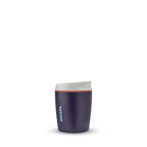 SmoothSip 10oz in Telescope Tales, deep eggplant purple body with off-white cream flip-style lid, orange accent ring, and bright cyan blue Owala logo