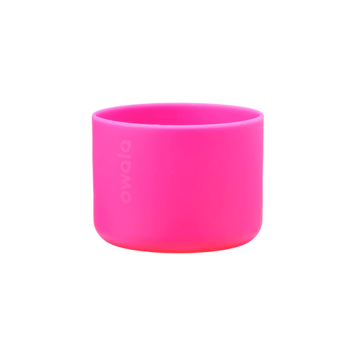 Owala Bottle Boot in vivid hot pink silicone with tonal Owala logo, wide short cylindrical form sized for the 40oz bottle