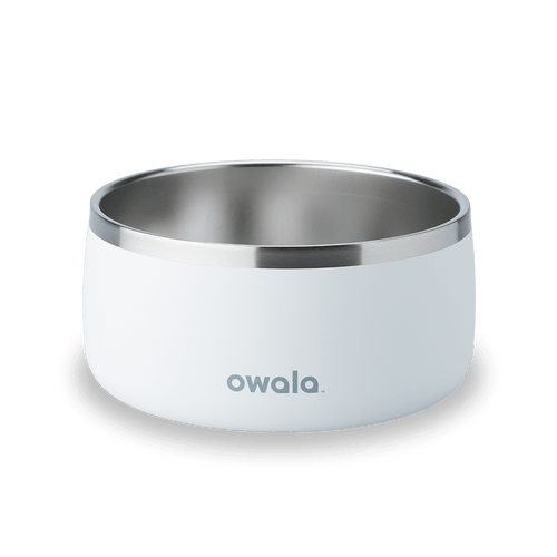 Pet Bowl 6-cup in Shy Marshmallow; matte white cup exterior with stainless steel interior rim and gray Owala logo on front