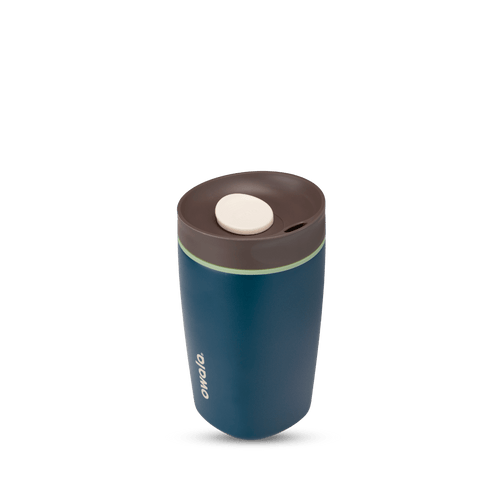 SmoothSip Slider 12oz in Moonlit Shadow, deep navy blue body with dark brown lid, cream slider button, and mint green accent ring