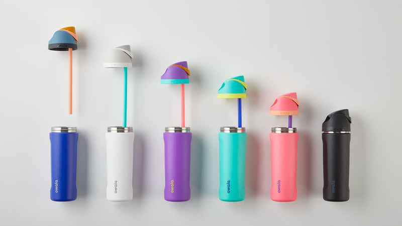 Owala water bottles with the lid unscrewed.