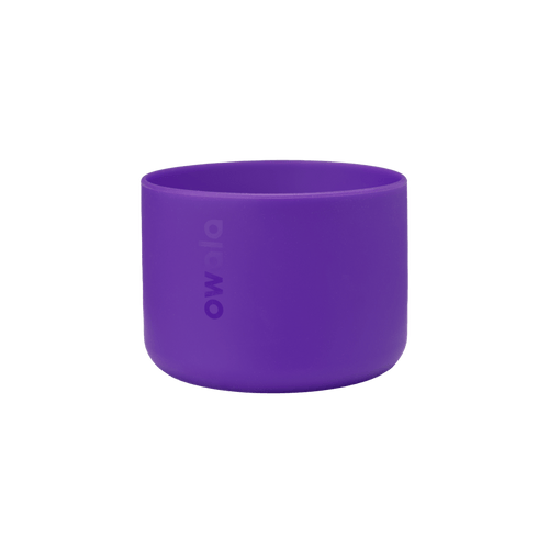 Bottle Boot 40oz in bright purple silicone; wide cylindrical form with Owala wordmark