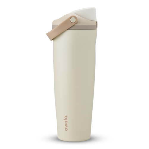 FreeSip Sway 40oz in Lightly Toasted, cream off-white insulated water bottle with white flip cap, tan carry loop and pale taupe accent, lid open