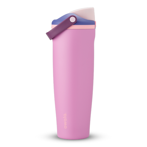 FreeSip Sway 40oz in Pretty in Purple, soft pink insulated water bottle with violet purple flip cap, deep purple carry loop and pale pink accent, lid open