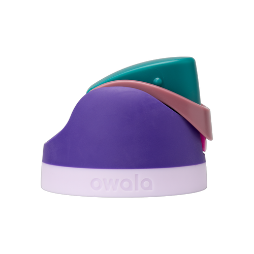 FreeSip replacement lid in 80s Ski Slopes, purple/violet body with teal flip cap, mauve/dusty pink carry loop, and pale lavender base ring