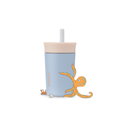 Kids' Tumbler 12oz in Seas the Day; light periwinkle blue insulated tumbler with cream lid and white straw, white Owala logo on front
