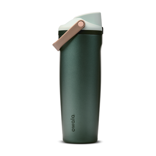 FreeSip Sway 30oz Wintergreen; deep forest green body with soft mint-sage flip cap and tan leather carry loop