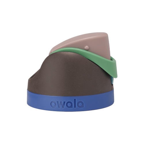Owala FreeSip replacement lid in Night Safari, dark brown body with dusty mauve pink flip cap, sage green carry loop, and cobalt blue base accent band