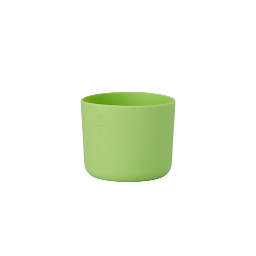 Owala Bottle Boot in bright lime green silicone with tonal Owala logo, short cylindrical form sized for 16oz Kids' FreeSip bottles