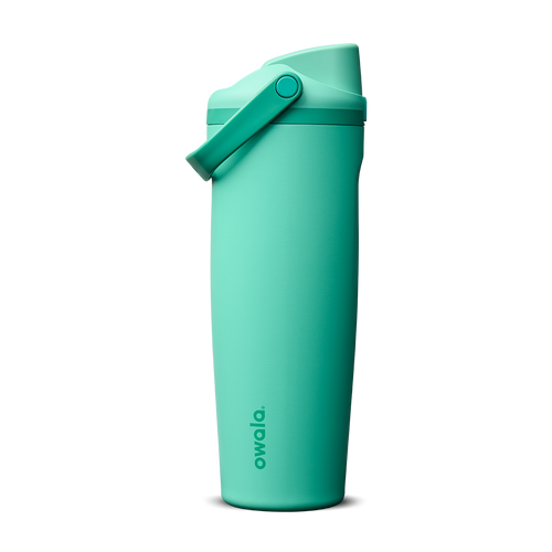FreeSip Sway 30oz in 90s Kid, vibrant teal-mint insulated water bottle with matching teal flip cap and carry loop