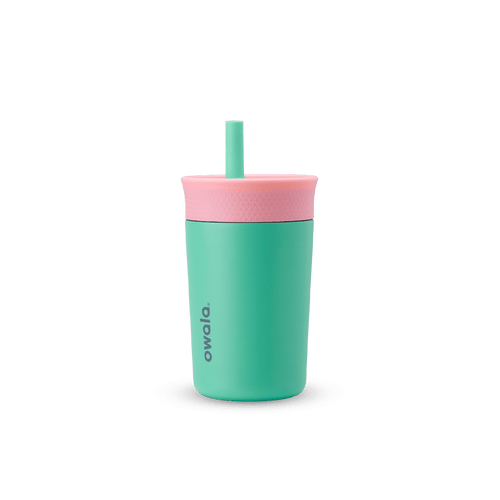 Kids' Tumbler 12oz in Reel Cool Fish; teal insulated tumbler with pink lid and matching teal straw, Owala logo on front