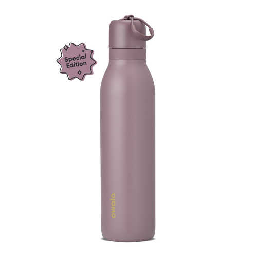 FreeSip Twist 24oz in Spring Revival, dusty mauve-purple insulated bottle with matching twist cap and carry string, gold Owala logo