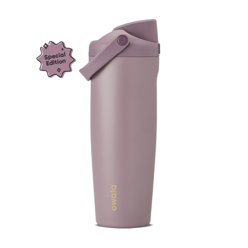FreeSip Sway 30oz in Spring Revival, dusty mauve-purple insulated bottle with matching flip cap and carry loop, gold Owala logo