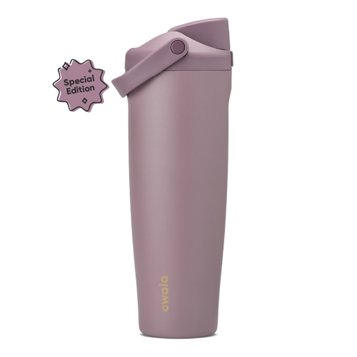 FreeSip Sway 40oz in Spring Revival, dusty mauve-purple insulated bottle with matching flip cap and carry loop, gold Owala logo