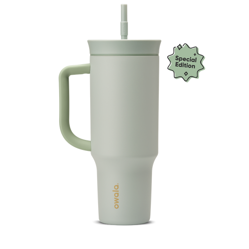 40oz Tumbler Summer Paradise; soft sage green tumbler with matching sage handle, sage lid, and sage straw