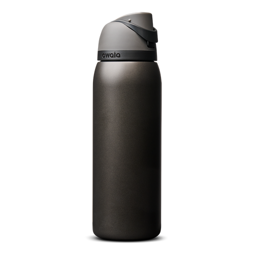 Owala FreeSip 40oz in Nailed It, deep charcoal black insulated bottle with matching dark gray flip cap and carry loop