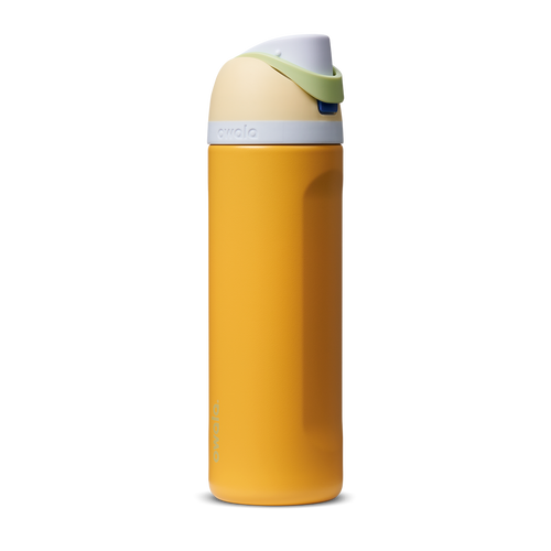 FreeSip 24oz in Treasure Hunt, golden mustard yellow body with cream white flip cap and green carry loop
