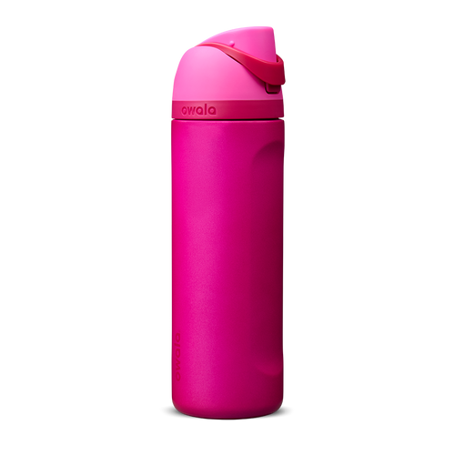 Owala FreeSip 24oz in Read My Lips, deep magenta pink insulated bottle with bright hot pink flip cap and carry loop