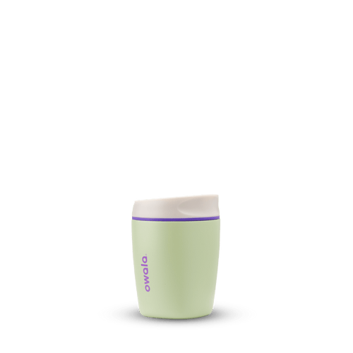 SmoothSip 10oz in Hip Cactus, light olive green tumbler body with cream flip-style lid, slim purple accent ring, and purple Owala logo