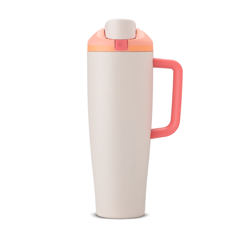 FreeSip Tumbler 40oz Sparkling Sherbet, cream/off-white body with coral/salmon lid and handle