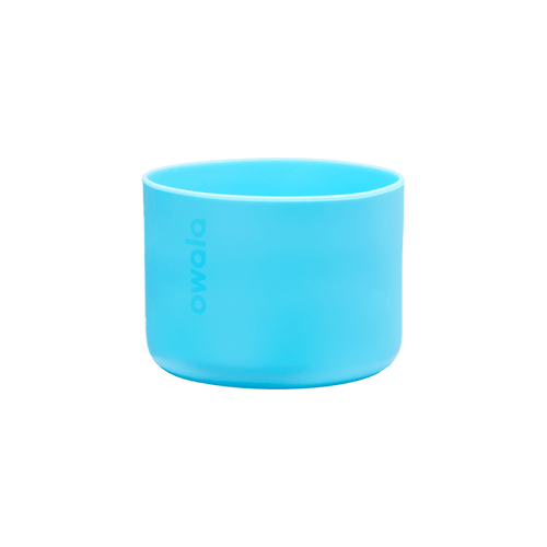 Owala Bottle Boot in bright cyan blue silicone with tonal Owala logo, wide short cylindrical form sized for the 40oz bottle