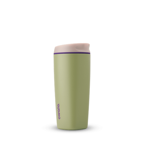 SmoothSip 20oz in Hip Cactus, olive green tumbler body with cream flip-style lid, slim purple accent ring, and purple Owala logo