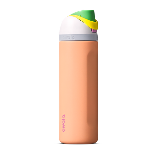 FreeSip 24oz in Peachy Keen, soft peach orange insulated bottle with white flip cap lid, yellow flip tab, and bright green carry loop
