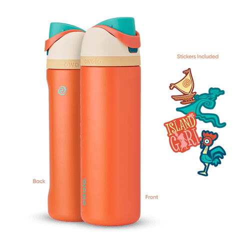 FreeSip 24oz in Moana, bright orange insulated bottle with teal flip cap, cream lid, tan accent band, and orange carry loop, shown front and back with included sailboat, teal wave, "Island Girl" silhouette, and Hei Hei rooster stickers