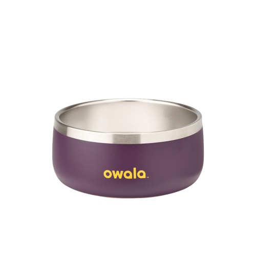 Pet Bowl 3-cup in Grapeful Fur You; matte deep purple cup exterior with stainless steel interior rim and yellow Owala logo on front
