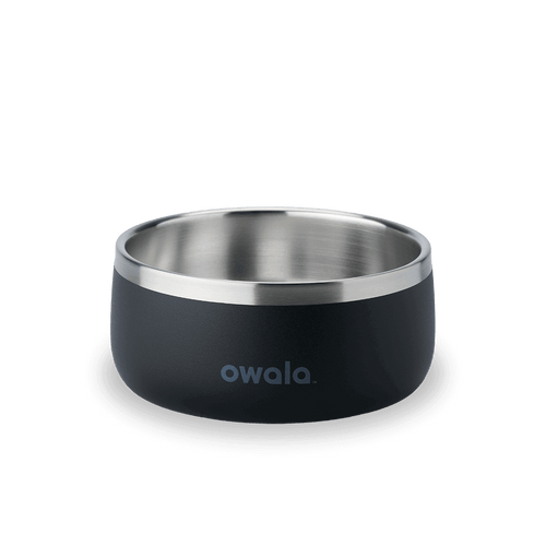 Pet Bowl 3-cup in Very Dark; matte black cup exterior with stainless steel interior rim and dark gray Owala logo on front