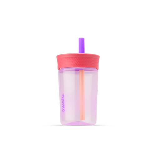 Kids' Tumbler 15oz in Lilac Rocket; translucent lavender plastic body with coral pink lid and purple straw with peach inner straw, lavender Owala logo on front
