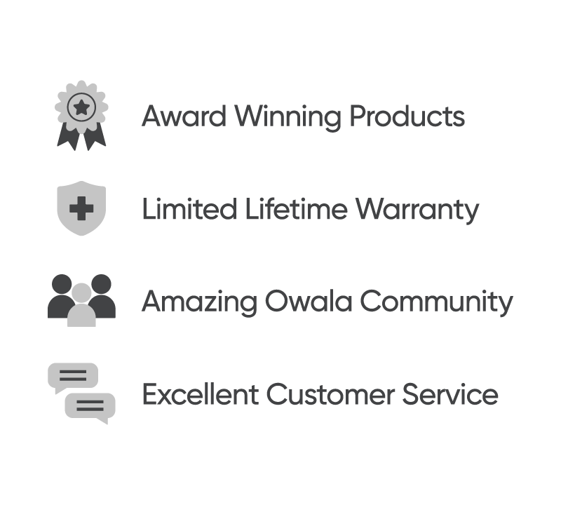 Owala trust and features banner: Award Winning Products, Limited Lifetime Warranty, Amazing Owala Community, and Excellent Customer Service icons with labels